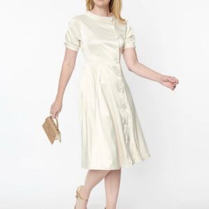 Unique Vintage Cream Button-Front Midi Dress